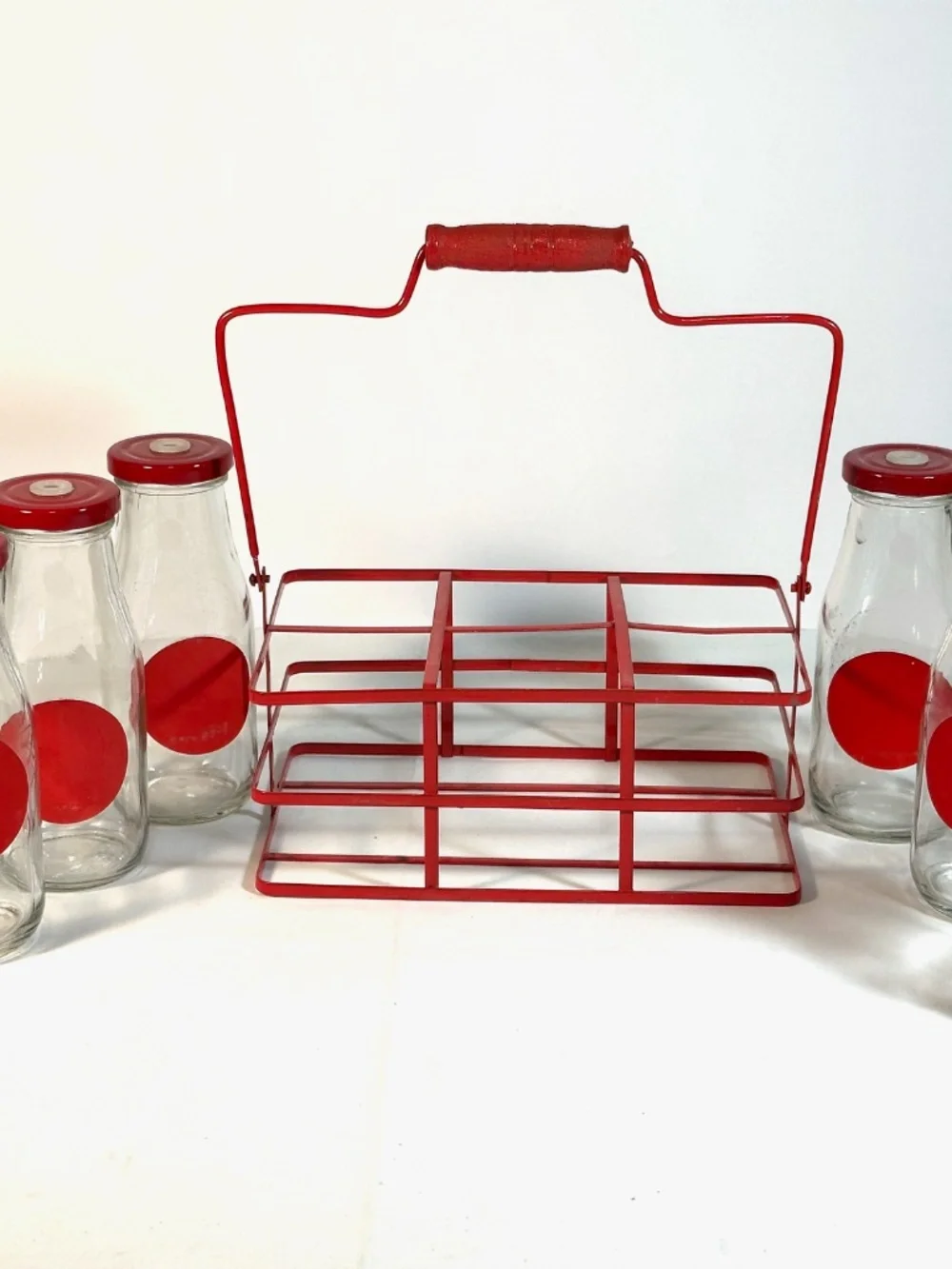 Set 6 Glass Bottles in Red Metal Carrier w/ Holes for Straws, Farmhouse Chic